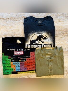 Lot of 3 Men’s T-Shirts: Marvel, Jurassic Park and Green Button Up